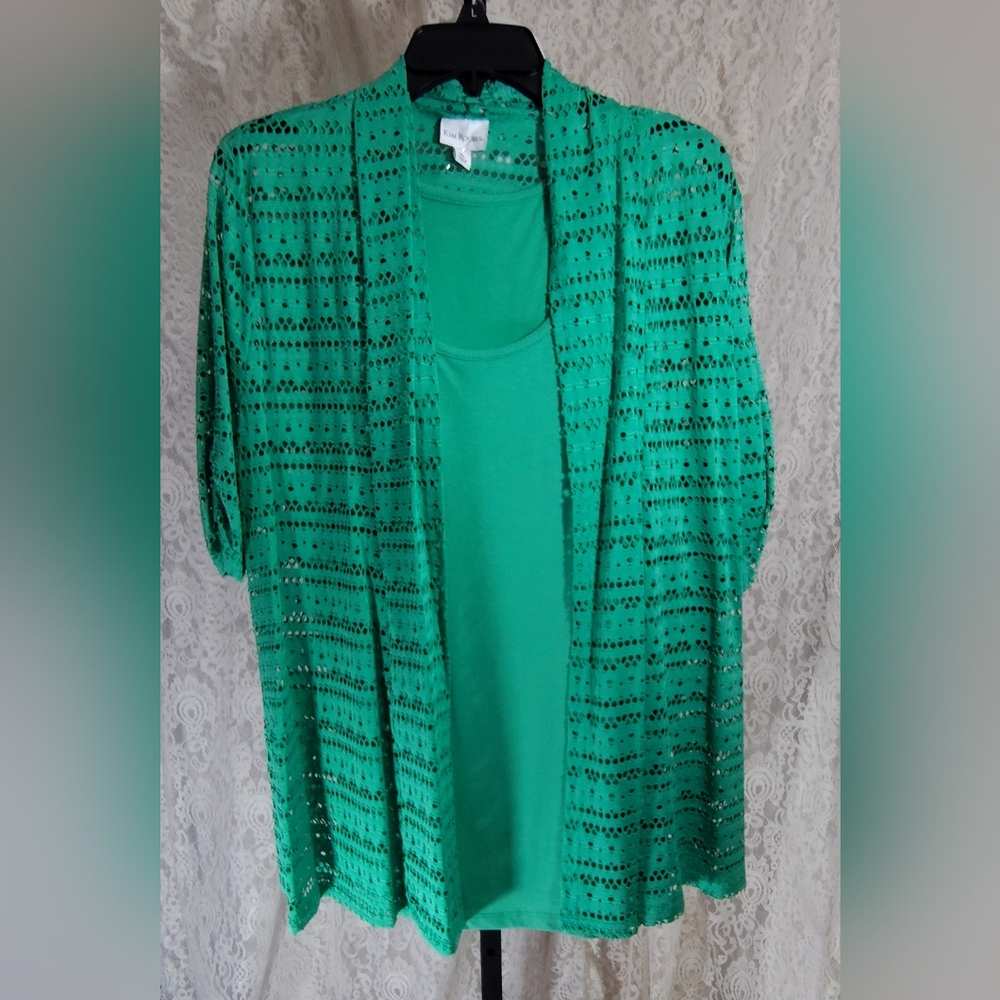 Kim Rogers Vibrant Jade Green Lace Blouse Cardigan Jacket  And Tank Set NWOT